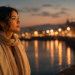 Photorealistic cinematic image of a young woman standing alone under soft city lights at dusk, looking thoughtfully at glowing reflections and blurred lights around her, subtle spiritual atmosphere, emotional and introspective mood, warm neutral tones
