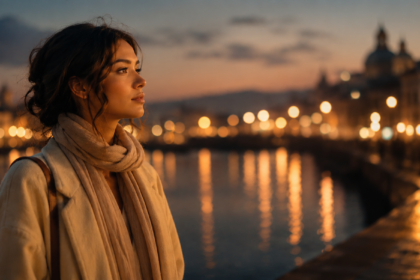 Photorealistic cinematic image of a young woman standing alone under soft city lights at dusk, looking thoughtfully at glowing reflections and blurred lights around her, subtle spiritual atmosphere, emotional and introspective mood, warm neutral tones