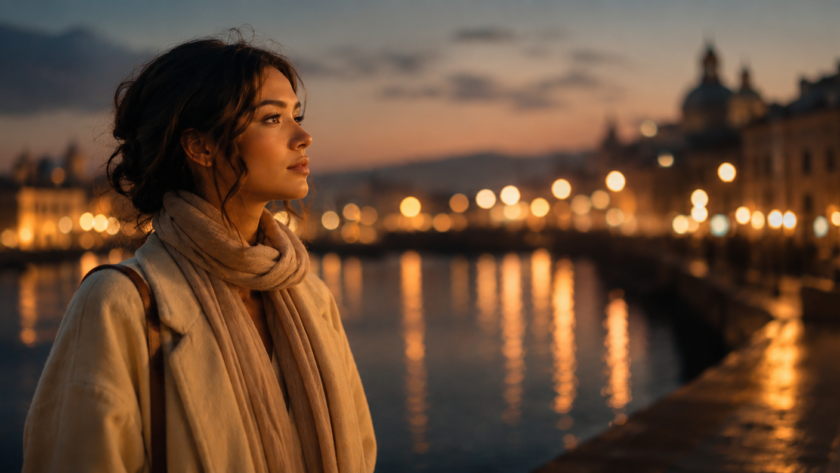 Photorealistic cinematic image of a young woman standing alone under soft city lights at dusk, looking thoughtfully at glowing reflections and blurred lights around her, subtle spiritual atmosphere, emotional and introspective mood, warm neutral tones