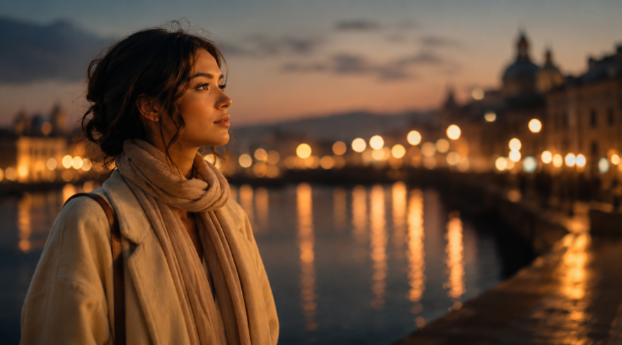 Photorealistic cinematic image of a young woman standing alone under soft city lights at dusk, looking thoughtfully at glowing reflections and blurred lights around her, subtle spiritual atmosphere, emotional and introspective mood, warm neutral tones