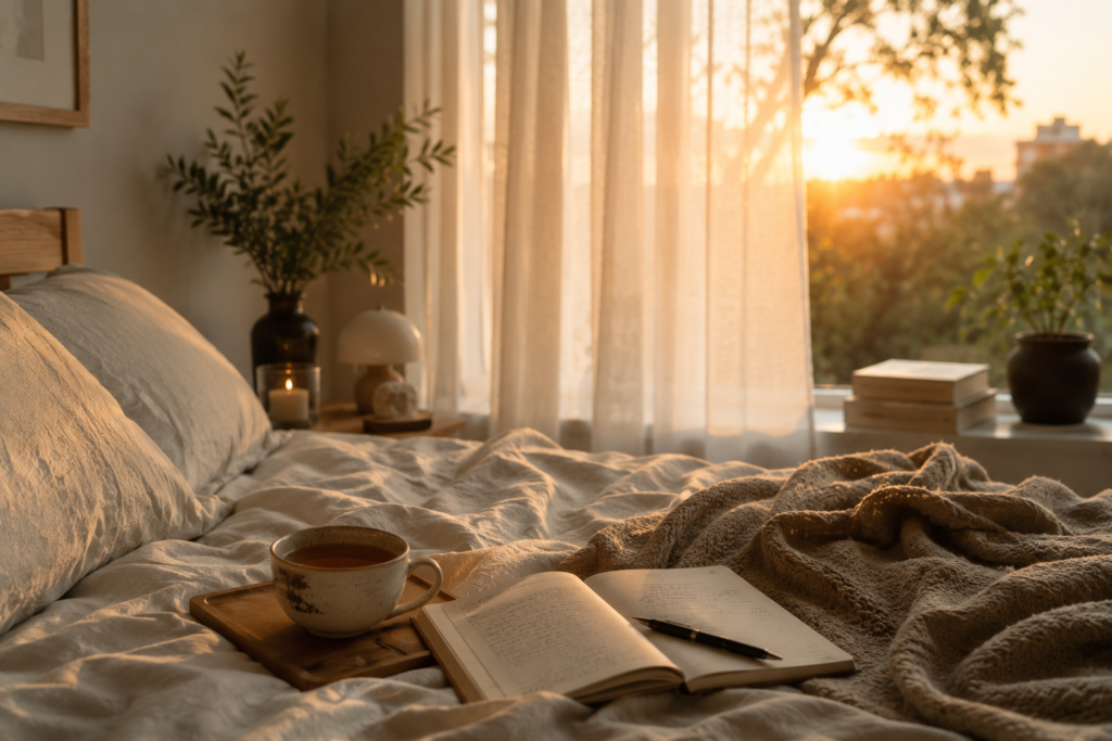 Photorealistic cinematic image of a peaceful bedroom at sunrise with soft golden light entering through sheer curtains, a cup of tea beside an open notebook with subtle spiritual ambiance, calm emotional atmosphere, cozy modern wellness aesthetic