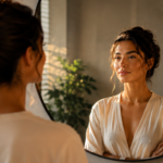 woman practicing self-love affirmations during peaceful morning routine