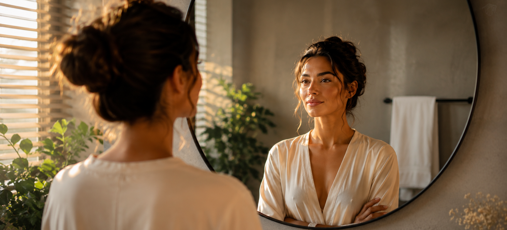 woman practicing self-love affirmations during peaceful morning routine