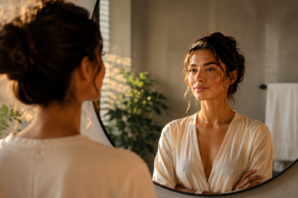 woman practicing self-love affirmations during peaceful morning routine
