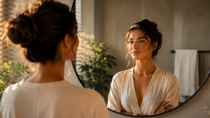 woman practicing self-love affirmations during peaceful morning routine
