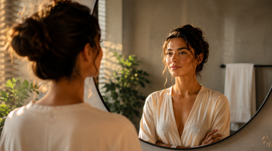 woman practicing self-love affirmations during peaceful morning routine