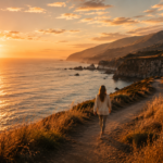 person walking along coastal path at sunrise symbolizing positive energy and emotional renewal
