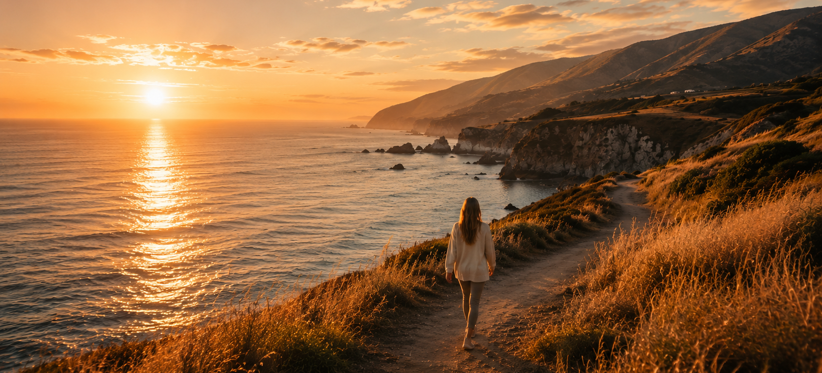 person walking along coastal path at sunrise symbolizing positive energy and emotional renewal