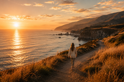 person walking along coastal path at sunrise symbolizing positive energy and emotional renewal