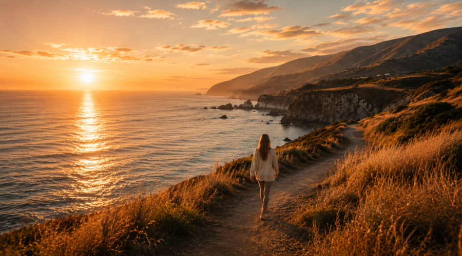 person walking along coastal path at sunrise symbolizing positive energy and emotional renewal