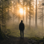 A lone person standing at the edge of a misty forest at dawn, soft golden light breaking through tall trees