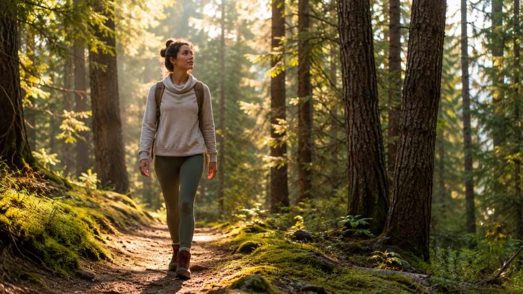Person walking alone through a forest trail surrounded by sunlight filtering through trees