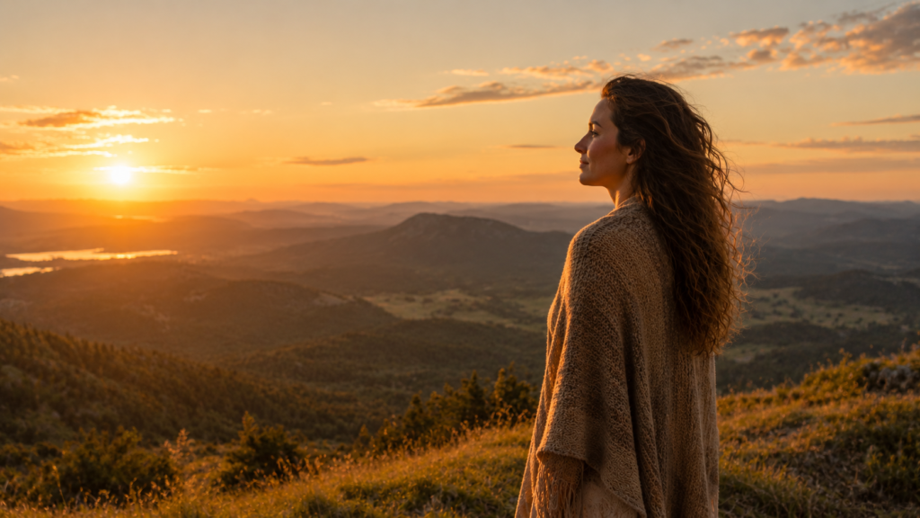 woman standing on a hill at sunrise overlooking a vast natural landscape, soft golden light, contemplative expression, peaceful atmosphere,