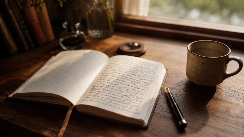 A handwritten journal open on a wooden desk with a pen resting beside repeated affirmation lines, soft morning light