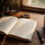 A handwritten journal open on a wooden desk with a pen resting beside repeated affirmation lines, soft morning light