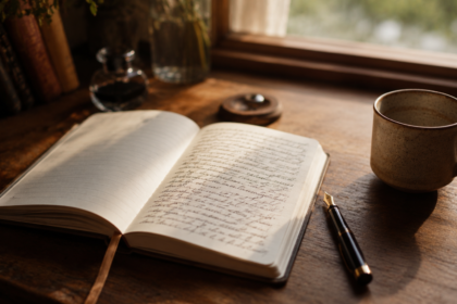 A handwritten journal open on a wooden desk with a pen resting beside repeated affirmation lines, soft morning light