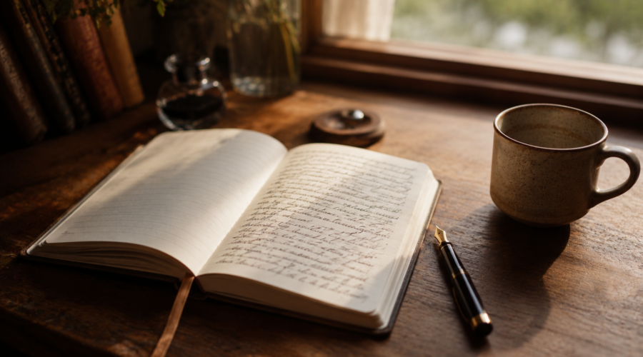 A handwritten journal open on a wooden desk with a pen resting beside repeated affirmation lines, soft morning light