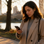 A woman pausing thoughtfully while looking at her phone outdoors, soft natural light