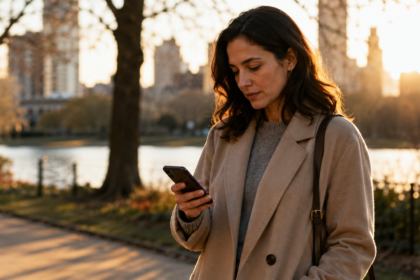 A woman pausing thoughtfully while looking at her phone outdoors, soft natural light
