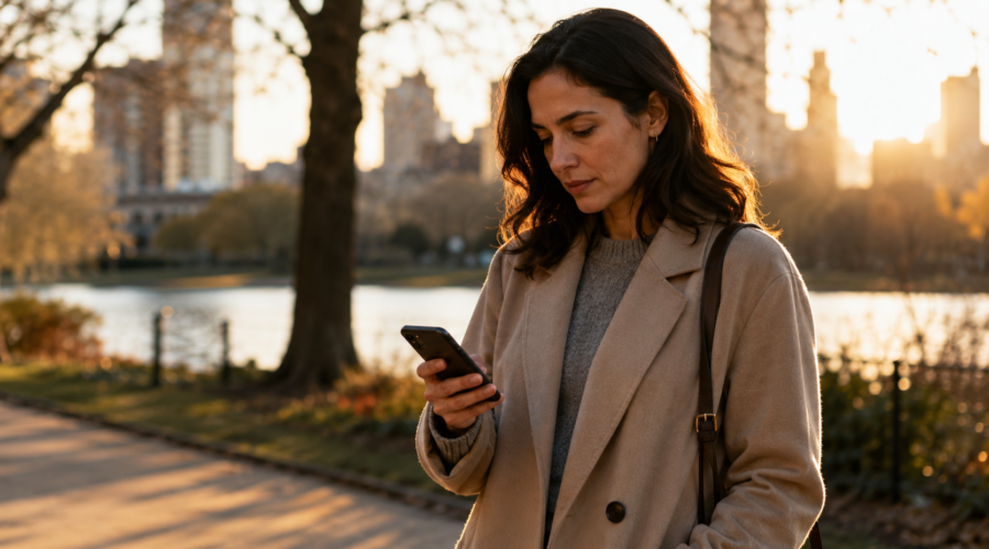 A woman pausing thoughtfully while looking at her phone outdoors, soft natural light