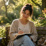 A person smiling gently while journaling outdoors in soft morning sunlight