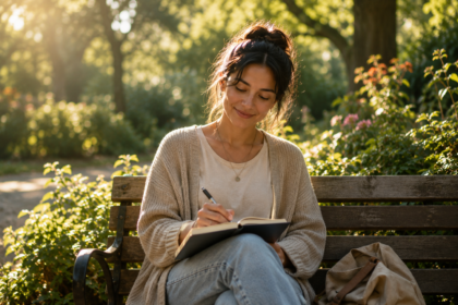 A person smiling gently while journaling outdoors in soft morning sunlight