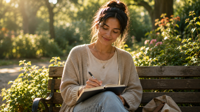 A person smiling gently while journaling outdoors in soft morning sunlight