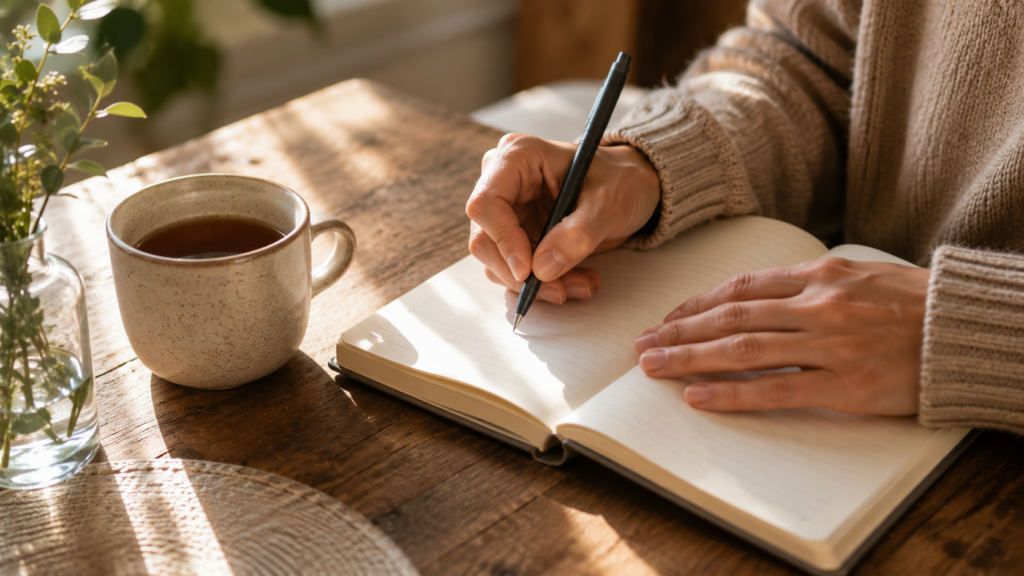 A close up of hands writing in a gratitude journal with a warm cup nearby