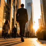 A person walking confidently through a city street, captured mid-stride from a low angle