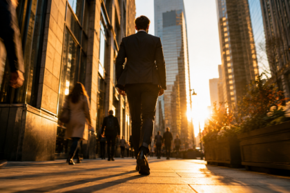A person walking confidently through a city street, captured mid-stride from a low angle