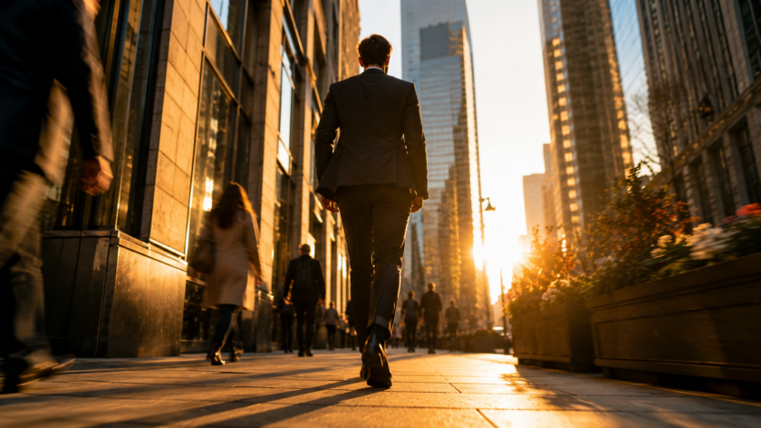 A person walking confidently through a city street, captured mid-stride from a low angle