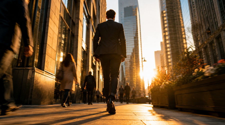 A person walking confidently through a city street, captured mid-stride from a low angle