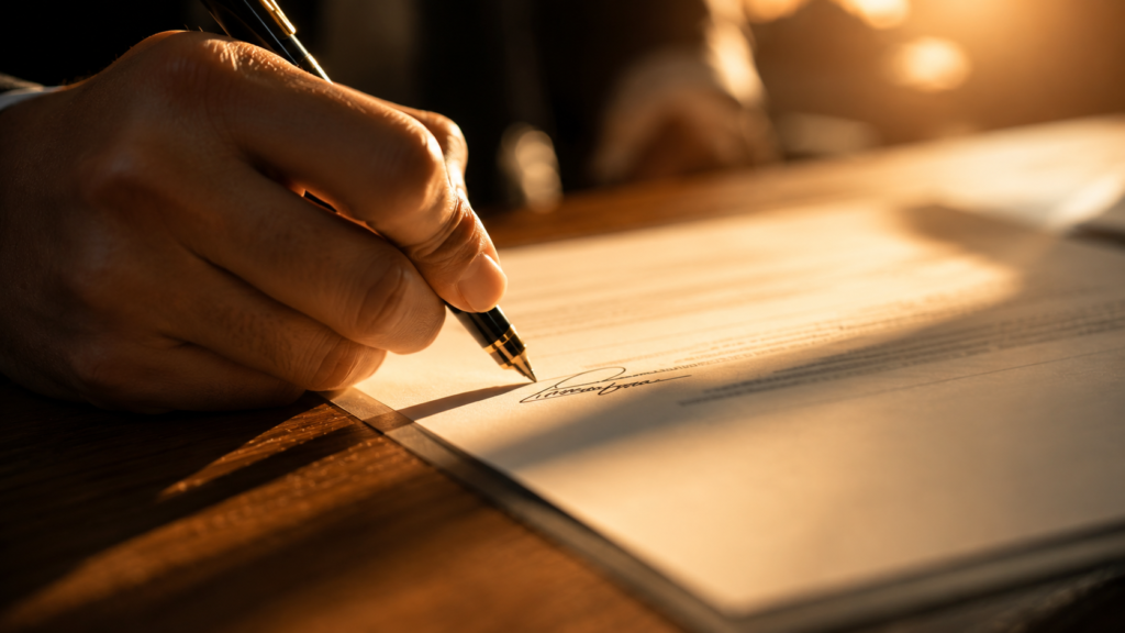 Close-up of a hand confidently signing a document at a wooden desk, sunlight streaking across the page