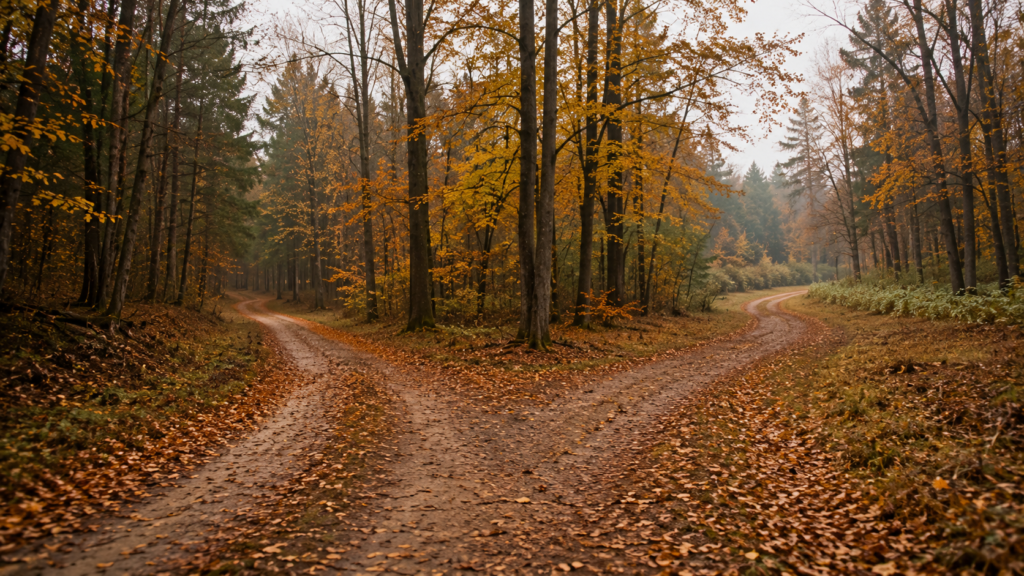 A winding forest path splitting in two directions under soft overcast light
