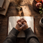 Hands clasped together resting on an open book at a kitchen table, early morning light