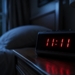 A digital clock glowing 11:11 in a dark room, soft ambient light