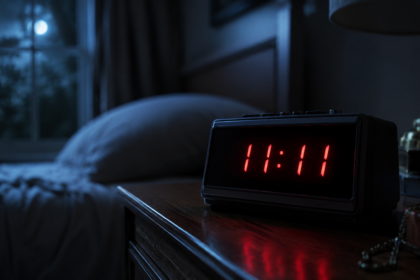 A digital clock glowing 11:11 in a dark room, soft ambient light