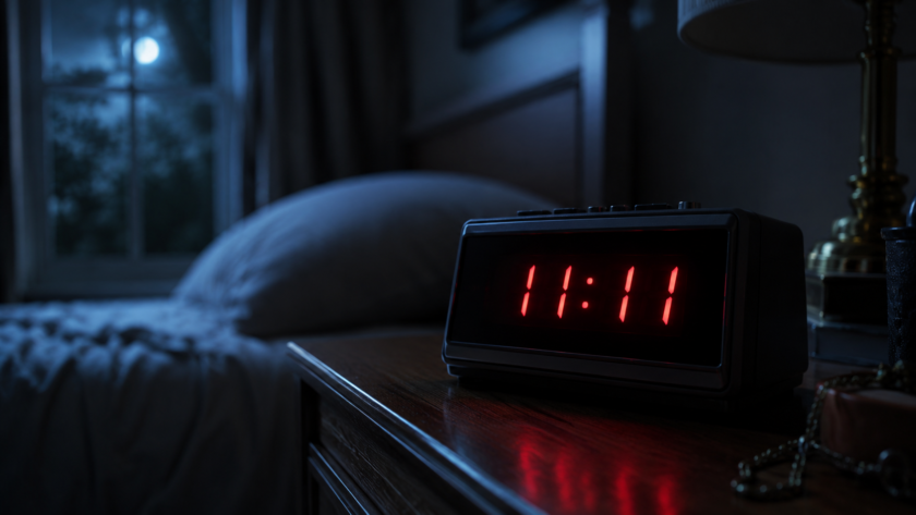 A digital clock glowing 11:11 in a dark room, soft ambient light