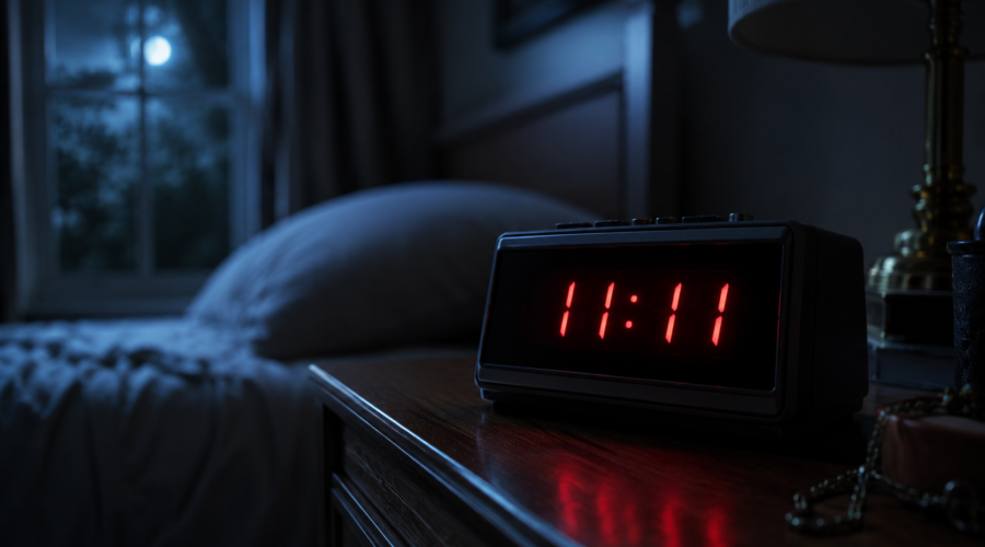 A digital clock glowing 11:11 in a dark room, soft ambient light