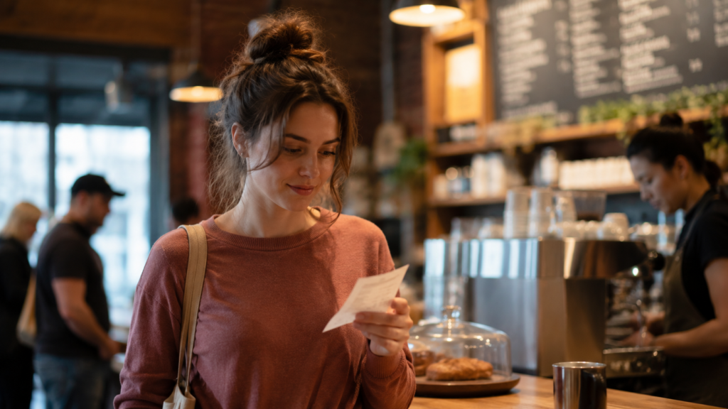 A person glancing at a receipt with a curious expression while standing at a counter
