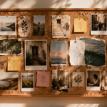 A collage style dream board pinned to a wall with photos, magazine clippings, and handwritten notes