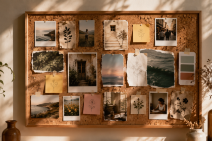 A collage style dream board pinned to a wall with photos, magazine clippings, and handwritten notes
