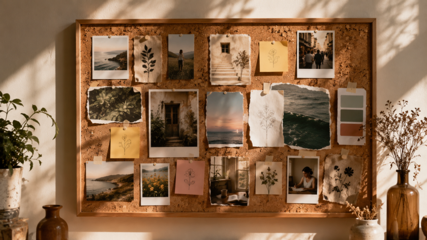 A collage style dream board pinned to a wall with photos, magazine clippings, and handwritten notes