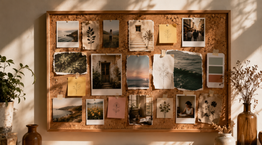 A collage style dream board pinned to a wall with photos, magazine clippings, and handwritten notes