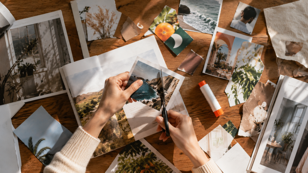 Hands cutting out magazine images at a table covered with scissors and clippings
