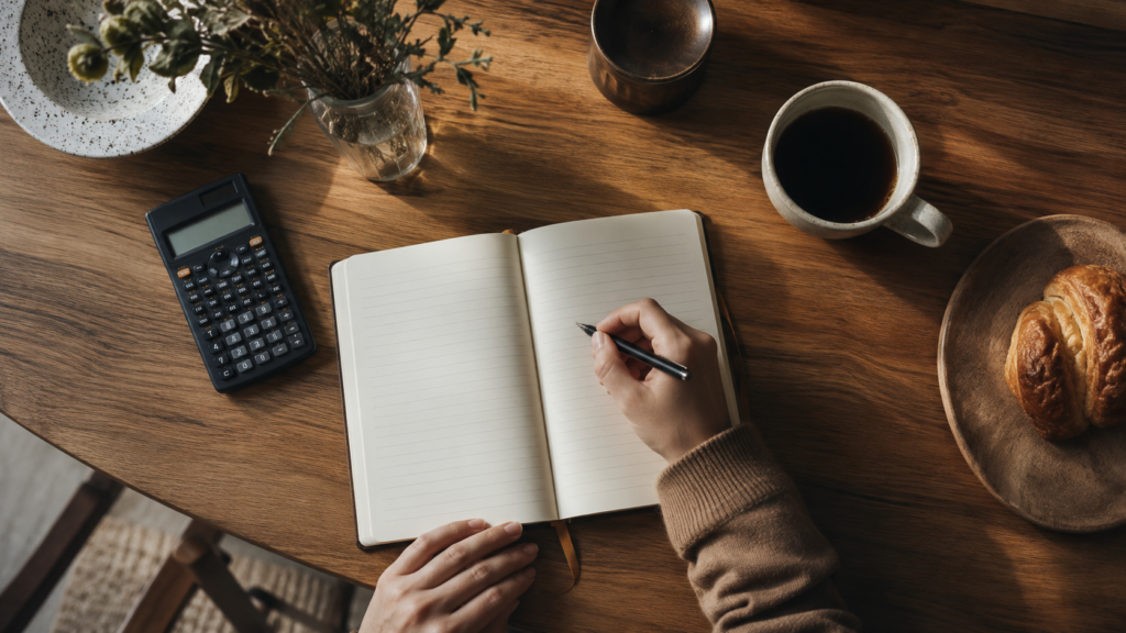A person calmly reviewing finances at a kitchen table with a calculator and notebook