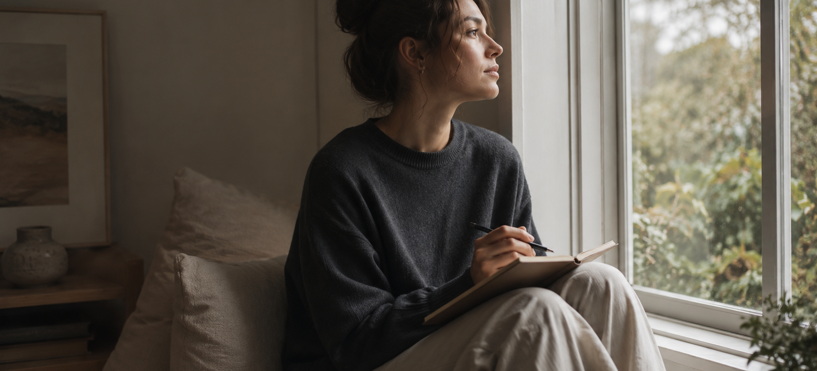 A person looking thoughtfully out a window with a journal resting on their lap