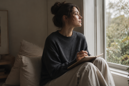 A person looking thoughtfully out a window with a journal resting on their lap