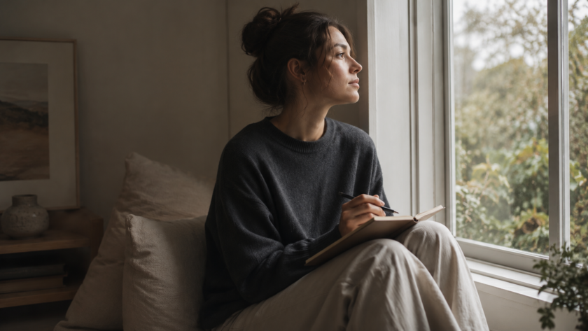 A person looking thoughtfully out a window with a journal resting on their lap