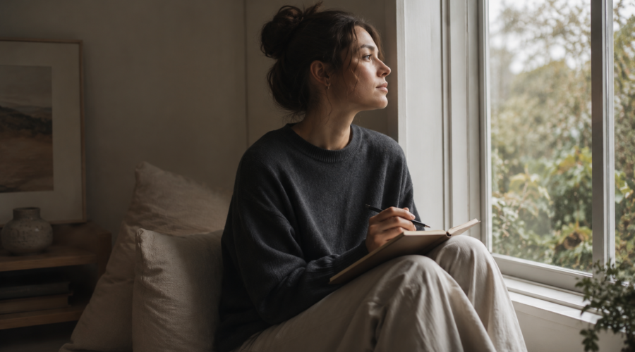 A person looking thoughtfully out a window with a journal resting on their lap